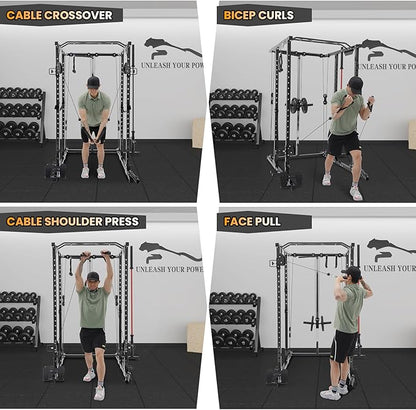 GaveeLife Power Cage, 2000 LBS Power Rack with Cable Cross-Over System, Multi-Functional Strength Training Squat Rack with LAT Pull Down System, Home Gym Equipment with Training Attachment, Red