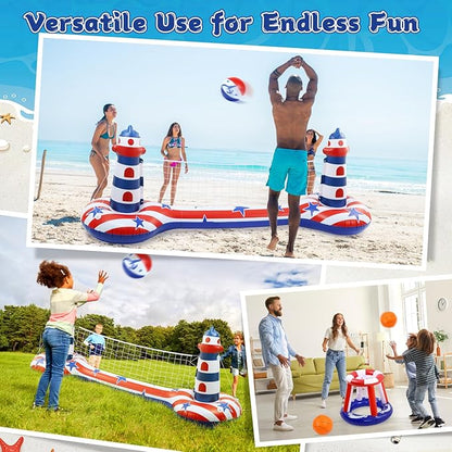 EagleStone Inflatable Pool Float Set with Volleyball Net & Basketball Hoop,2-in-1 Floating Water Games for Kids Adults, Backyard Beach Summer Toys, Heavy-Duty PVC Family Pool Party Essentials