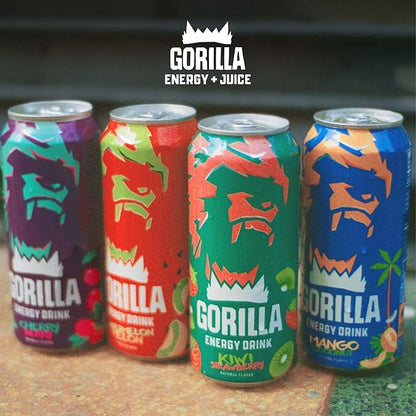 Gorilla Energy Drink, Kiwi Strawberry, 200mg Natural Caffeine, Real Fruit Juice Squeezed & Concentrated, L-Theanine, Taurine, Ginseng, Acetyl L-Carnitine, No Added Sugar and No Artificial Colors, 12 Pack