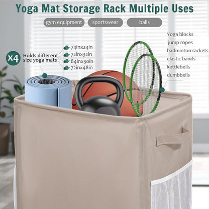 Yoga Mat Storage Racks, Home Gym Storage Rack with Wheels, Yoga Mat Holder Side 2 Mesh Pockets, Yoga Storage Basket Holds 4 Yoga Mats, 2 Foam Rollers, 6 Resistance Bands