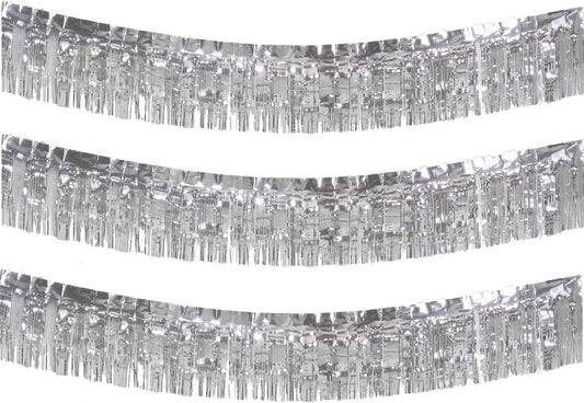 10 Feet Long Roll Foil Fringe Garland - Pack of 3 | Shiny Metallic Tassle Banner | Ideal for Parade Floats, Bridal Shower, Wedding, Birthday | Wall Hanging Fringe Garland Banner (Silver)