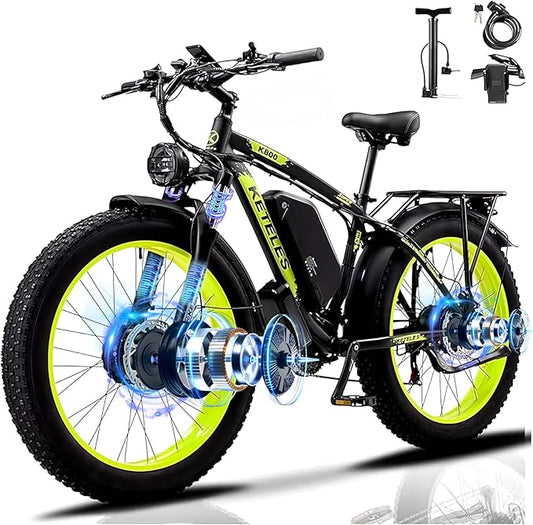 Electric Bike for Adults, AWD Ebike Dual Motor, 26'' Fat Tire Peak 4000W Ebikes with 48V 23AH Battery Hydraulic Brake Electric Bicycle, 21 Speed Dirt Bikes UL Certified