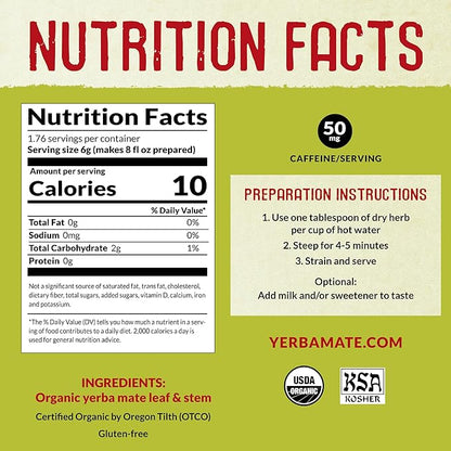 ECOTEAS Organic Yerba Mate Loose Leaf Tea – Unsmoked Detox Herbal Tea for Natural Energy – Coffee Alternative - Kosher, Non-GMO, Gluten-Free - Traditional Cut, 1 lb (Pack of 1)