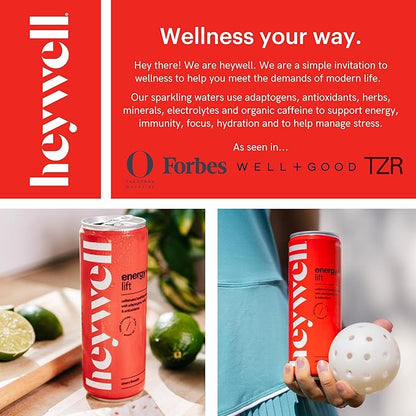Heywell Sparkling Adaptogenic Water Energy and LIft, Cherry Limeade Flavor 12 Fluid Ounce (Pack of 12) - Caffeinated, Organic, Non GMO, Vegan, Gluten Free, Dairy Free