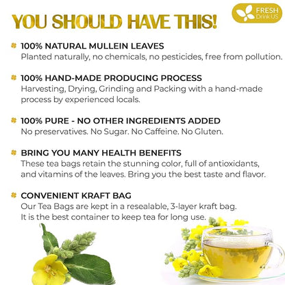 FreshDrinkUS, Premium 25 Mullein Leaf Tea For Lungs, Lung Detox Tea, Great Tea For Lung, Handmade, 100% Natural & Pure, Mullein Tea, Lung Detox For Smokers, No Sugar, No Caffeine, No Gluten, Vegan