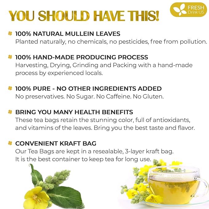 FreshDrinkUS, Premium 10 Mullein Leaf Tea Bags For Lungs, 100% Natural & Pure from Mullein Leaves. Loose Leaf Mullein Herbal Tea. Made with Natural Material Tea Bags. No Sugar, No Caffeine, No Gluten, Vegan.