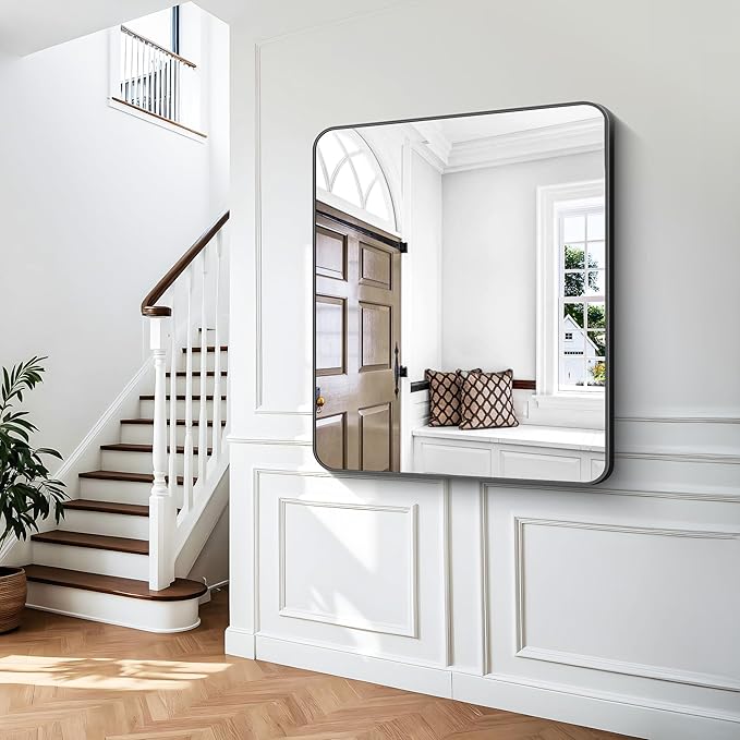 Black Bathroom Mirror,40x48 inch Wall Mirror for Bathroom Wall Mounted,Rectangle Mirror for Bathroom Over Sink,Modern Frame Round Corner for Living Room,Bedroom Entryway,Horizontal/Vertical