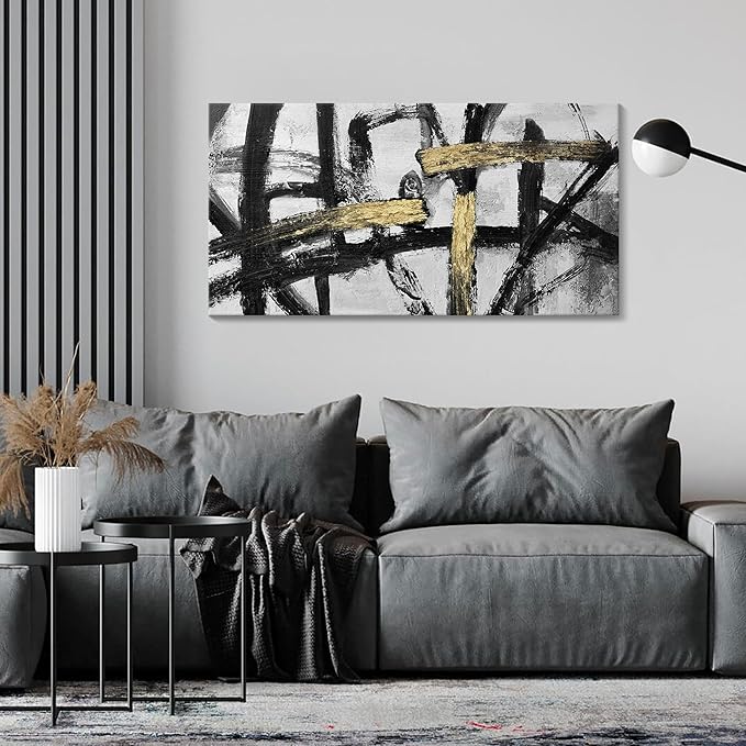 Black White and Gold Wall Art, Modern Paintings Abstract Graffiti Canvas Prints Artwork Black Grey Wall Pictures for Living Room Bedroom Bathroom Home Office Decor 20x40 In