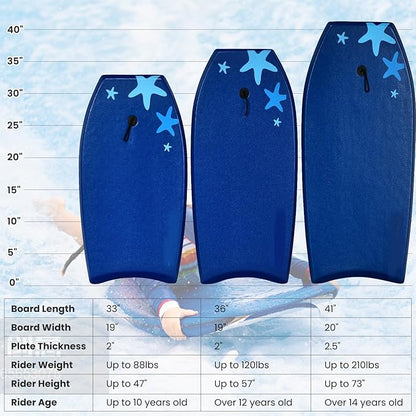 KOTEK 33/37/41 Inch Body Board with Wrist Leash, EPS Core, Dual Channel, HDPE Slick Bottom, Bodyboard for All Skill Levels & Wave Conditions