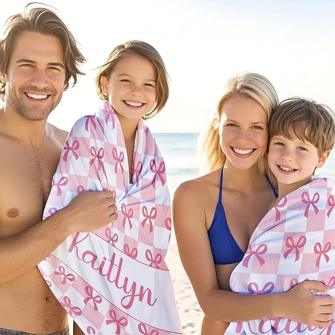 JML Personalized Beach Towel with Name, Custom Beach Towel with Text, Customized Bow Microfiber Pool Towel, Quick Dry & Absorbent Swim Towel for Adult,Anniversary, Birthday, Summer Holiday,Vacation