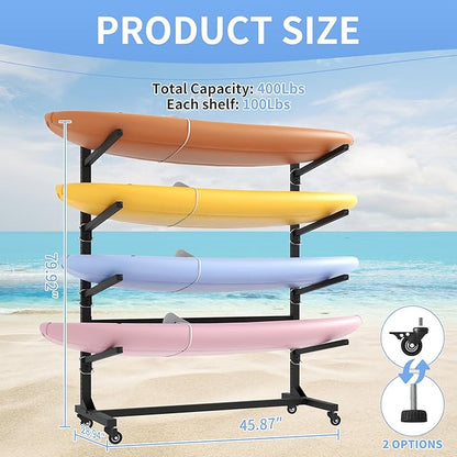 Kayak Storage Rack, Heavy Duty Kayak Stand Canoe Rack with Wheels, Freestanding Kayak Holder Stand for Kayaks, Canoes, Surfboard, Paddleboard Storage