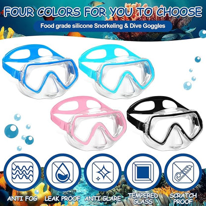 Hoolerry 4 Pcs Kids Nose Goggles Swim Goggles with Nose Cover for 3-8 Tempered Glass Snorkel Dive Mask Anti Fog with Elastic Strap No Leak Swimming Mask for Summer Diving Snorkeling