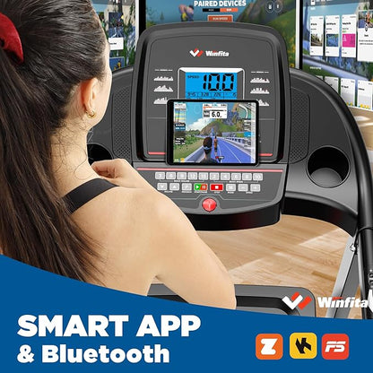 Treadmills for Home, Folding Treadmill with Auto Incline, 300 LBS Capacity, 8MPH or 10MPH Max Speed, Double Deck Shock-Absorbing Running Machine with Bluetooth, App, 64 Programs, Pulse Monitor