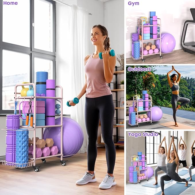 Home Gym Storage Rack Exercise Equipment Storage Organizer for Yoga Mat Dumbbells Kettlebells Foam Roller Yoga Strap & Resistance Bands, Ideal Yoga Mat Holder & Workout Equipment Organizer