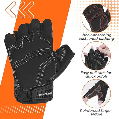 HANDLANDY Fingerless Work Gloves for Men, Half Finger Working Glove Grip Shock-Absorbing Breathable Uwrist TPR Anti-collision Gloves for Mens & Women (Black, XL)