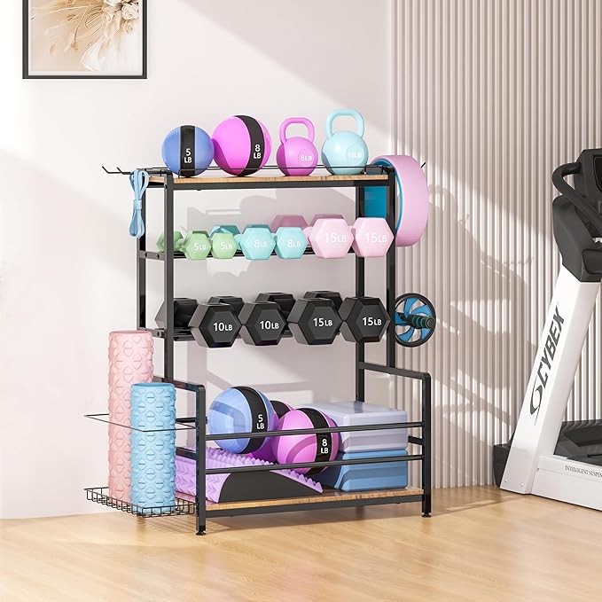 Gym Home Equipment Weight Rack – 3‑Tier Workout Storage Stand for Dumbbells & Kettlebells, Medicine Ball Holder, 460 lb Steel Organizer with Yoga Mat Basket, Hooks, Adjustable Feet, 24 x 16 in