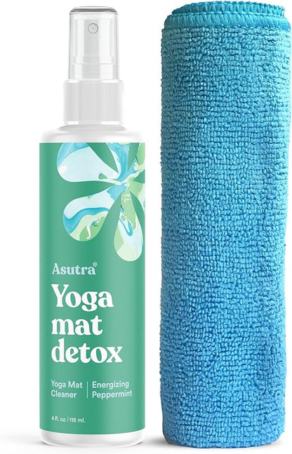 ASUTRA Yoga Mat Cleaner Spray (Energizing Peppermint), 4 fl oz - No Slippery Residue, Organic Essential Oils, Deep-Cleansing for Fitness Gear & Gym Equipment, Microfiber Towel Included