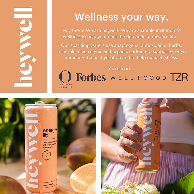 Heywell Sparkling Adaptogenic Water, Energy and Uplift, Orange Mango Flavor 12 Fluid Ounce (Pack of 12) - Non Caffeinated, Organic, Non GMO, Vegan, Gluten Free, Dairy Free