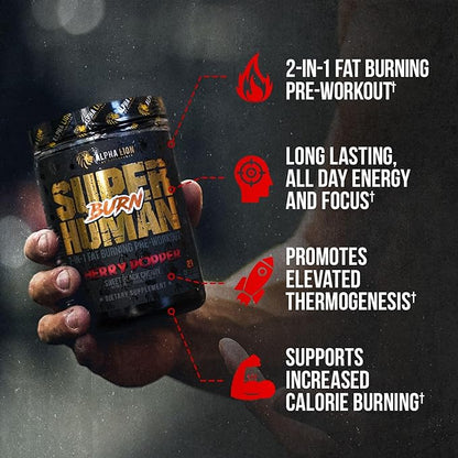 ALPHA LION Superhuman Burn – 2 in 1 Metabolism Booster Pre Workout and Thermogenic Fat Burner for Men – Appetite Suppressant and Weight Loss Supplement (21 Servings, Sweet Black Cherry Flavor)