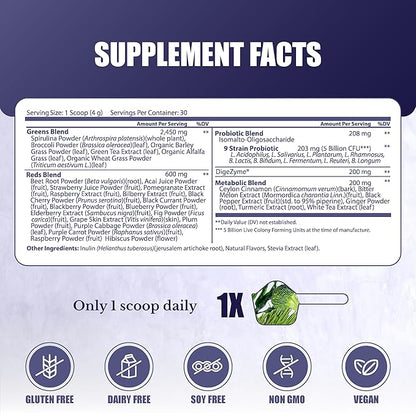 Greens Superfood Powder - Green Powder Supplement with Spirulina, Probiotics & Digestive Enzymes - 44 Superfoods, Energy, Metabolic Support & Gut Health - 30 Servings