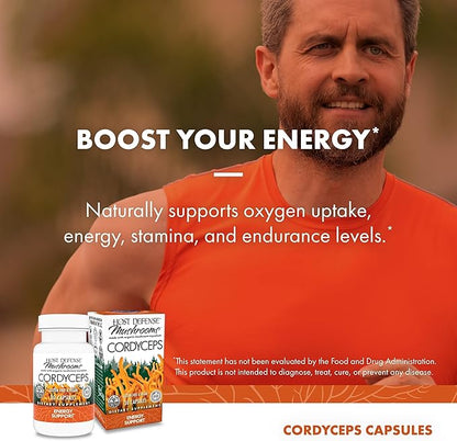 Host Defense Cordyceps Capsules - Immune & Energy Support Supplement - Kidney Health Supplement with Cordyceps - Fitness Support Supplement to Aid Oxygen Uptake - 30 Capsules (15 Servings)*