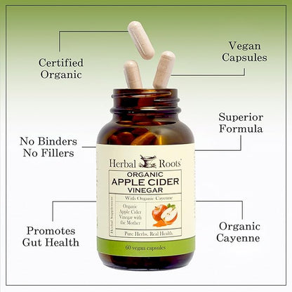 Herbal Roots Organic Apple Cider Vinegar Capsules with Mother and Organic Cayenne | 650 mg | 60 Vegan Capsules