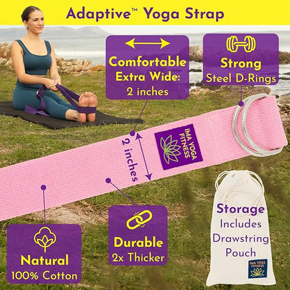 Adaptive Yoga Strap, Stretching Strap, 2 Inches Wide, 100% Naturally Soft Cotton, Steel D-Rings, Includes Natural Cotton Drawstring Storage Pouch and Instructional E-Book