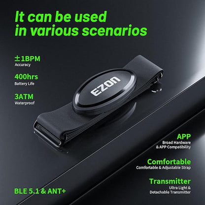 EZON Heart Rate Monitor Chest Strap | Bluetooth 5.1 & ANT+, Waterproof, Compatible with Garmin, Wahoo, Polar, Strava for Running, Cycling, Workout (C009 Pro)