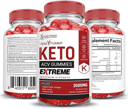 Justified Laboratories Trim Tummy Keto ACV Gummies Extreme 2000MG Trim Tummy Keto Gummies Apple Cider Vinegar Formulated with Pomegranate Beet Juice Powder B12 Vegan Non GMO 60 Gummys