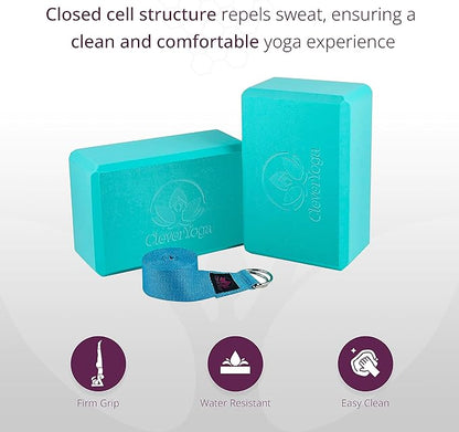 Clever Yoga Blocks 2 Pack with Strap - Extra Light Weight Sweat Repelling Foam Yoga Block Set with Cotton 8ft Yoga Stretch Strap - Yoga Block and Strap Set Kit for Beginner to Pro - Exercise