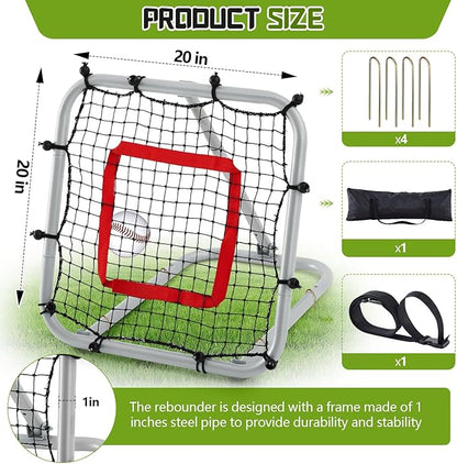 3' x 3'/1.67' x 1.67' Pro Portable Baseball and Softball Rebounder Adjustable Heavy Duty Pitch-Back Net with Bag Strap Fielding Trainer Net 3 Angles Ground Balls Line Drives Pop Flies