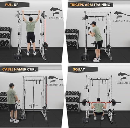 GaveeLife Power Cage, 2000 LBS Power Rack with Cable Cross-Over System, Multi-Functional Strength Training Squat Rack with LAT Pull Down System, Home Gym Equipment with Training Attachment, Red