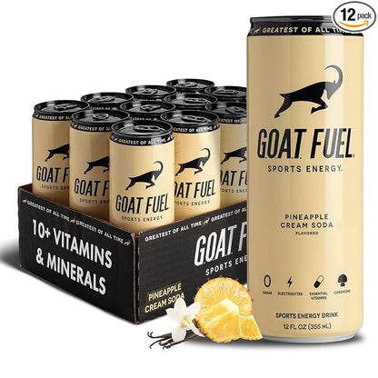 G.O.A.T. Fuel Energy Drink, Co-Founded by Jerry Rice, Natural Caffeine, Electrolytes, BCAAs, Cordyceps Mushrooms & Antioxidants, Light Carbonation Pre Workout, 12 Pack, 12 FL Oz, Pineapple Cream Soda