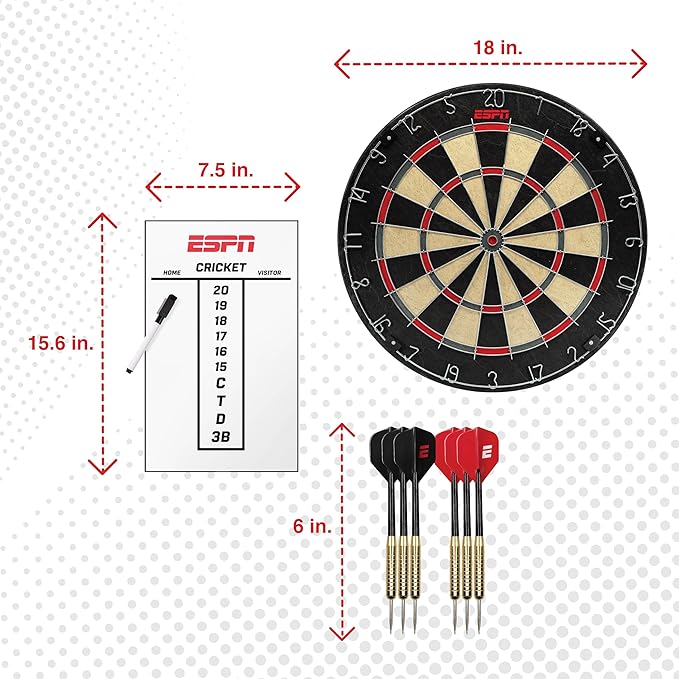 ESPN Dart Board Includes 6 Steel Tip Darts, Bristle Dartboard with Radial Spider Wire and Staple Free Bullseye, Ideal Party Games for Adults