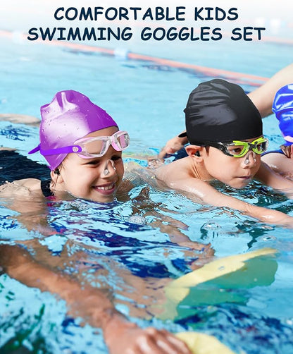 Kids Swim Goggles, Swimming Goggles for Kids Toddlers 3-14 with Swim Cap, Nose Clip, Nose Bridge, Ear Plugs