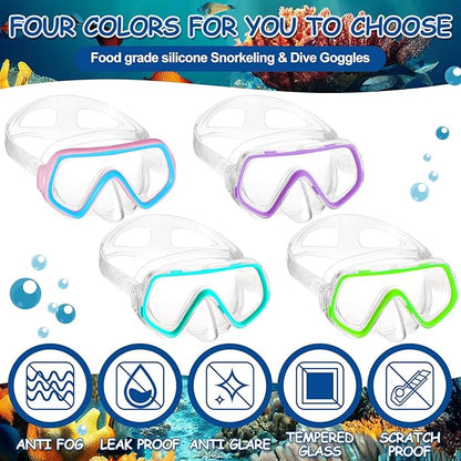 Hoolerry 4 Pcs Kids Nose Goggles Swim Goggles with Nose Cover for 3-8 Tempered Glass Snorkel Dive Mask Anti Fog with Elastic Strap No Leak Swimming Mask for Summer Diving Snorkeling