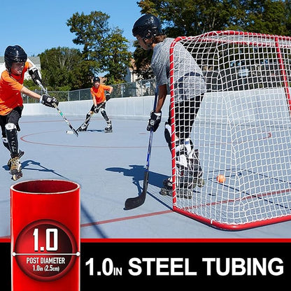 EALER Portable 54″ Steel Street & Ice Hockey Goal – Heavy-Duty 1″ Steel Frame Folding Net for Indoor & Outdoor Practice, Junior Training & Roller Hockey Equipment