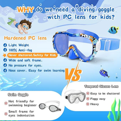 Kids Swim Goggles with Nose Cover, 180° Panoramic Snorkel Mask with Anti-Fog & Anti-Leak Design, Comfort Fabric Strap UV Protection Lens for Boys Girls Ages 3-15