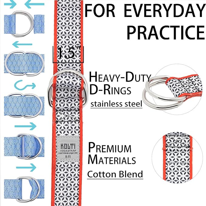 Yoga Exercise Adjustable Straps 8FT with Durable D-Ring for Pilates & Gym Workouts | Hold Poses, Stretch, Improve Flexibility & Maintain Balance