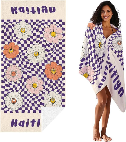 JML Personalized Beach Towel with Name, Custom Flower Beach Towel, Customized Microfiber Pool Towel, Quick Dry & Absorbent Swim Towel for Adult,Anniversary, Birthday, Summer Holiday,Vacation