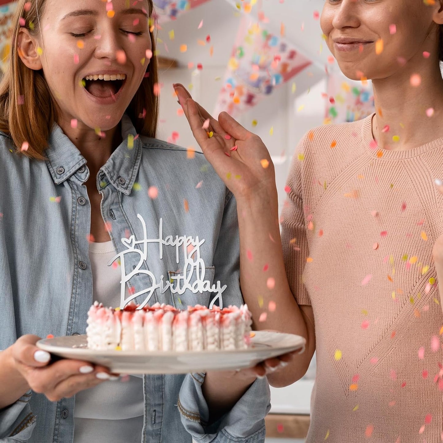 10 PCS Silver Happy Birthday Cake Topper Mirror Acrylic Cake Toppers Double-Sided Glitter Birthday Decorations for Girls Women's Party Supplies