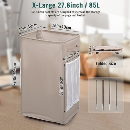 Yoga Mat Storage Racks, Home Gym Storage Rack with Wheels, Yoga Mat Holder Side 2 Mesh Pockets, Yoga Storage Basket Holds 4 Yoga Mats, 2 Foam Rollers, 6 Resistance Bands