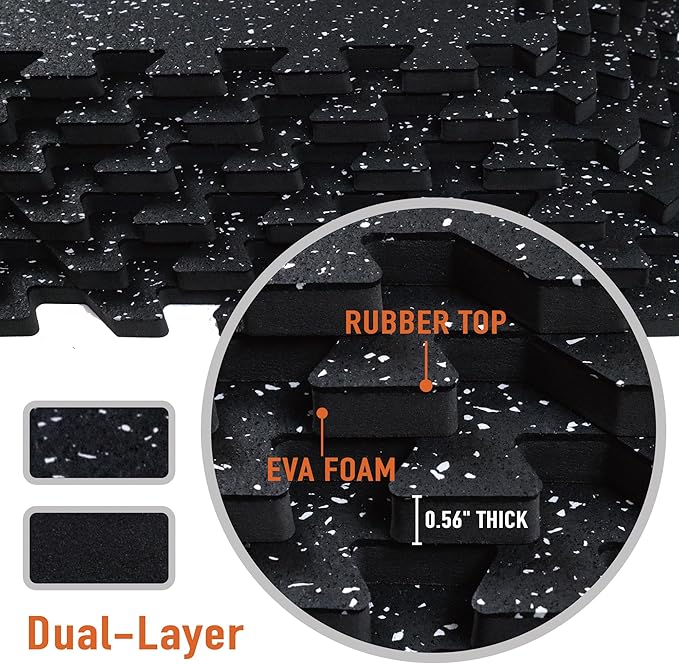 0.56in Thick 48 Sq Ft Exercise Equipment Mats 12 Tiles 24 x 24in