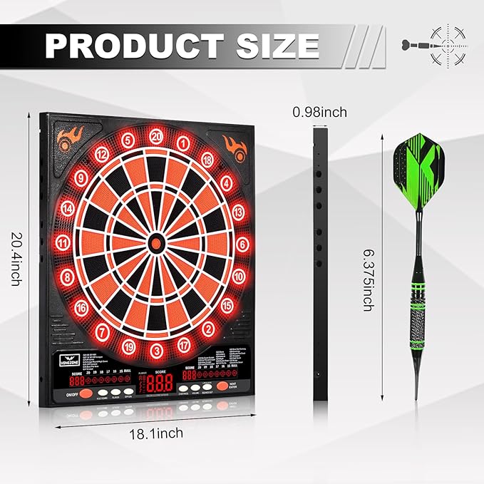Electronic Dartboard, Electric Dart Boards for Adults,Electronic Scoreboard, Light-Up Led Display, 12 Darts Soft Tip Professional Dart Board and Extra Tips, Up to 8 Players