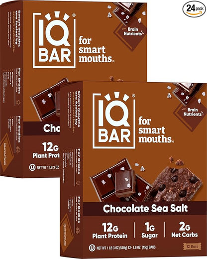 IQBAR Brain and Body Plant Protein Bars - Chocolate Sea Salt - 24-Count Low Carb - Gluten Free, High Fiber, Vegan Snacks - Low Sugar Meal Replacement