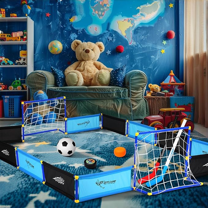2-in-1 Knee Ice Hockey Set Rink Soccer Ball Indoor Mini Goals Set Include 2 Knee Hockey Sticks, 2 Goals, 12 Side Panels and an Inflatable Soccer Ball