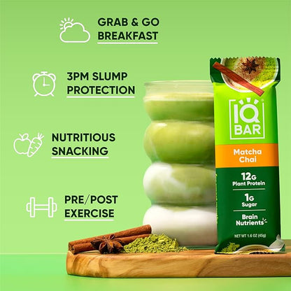 IQBAR Brain and Body Plant Protein Bars - Matcha Chai - 12-Count Low Carb - Gluten Free, High Fiber, Vegan Snacks - Low Sugar Meal Replacement