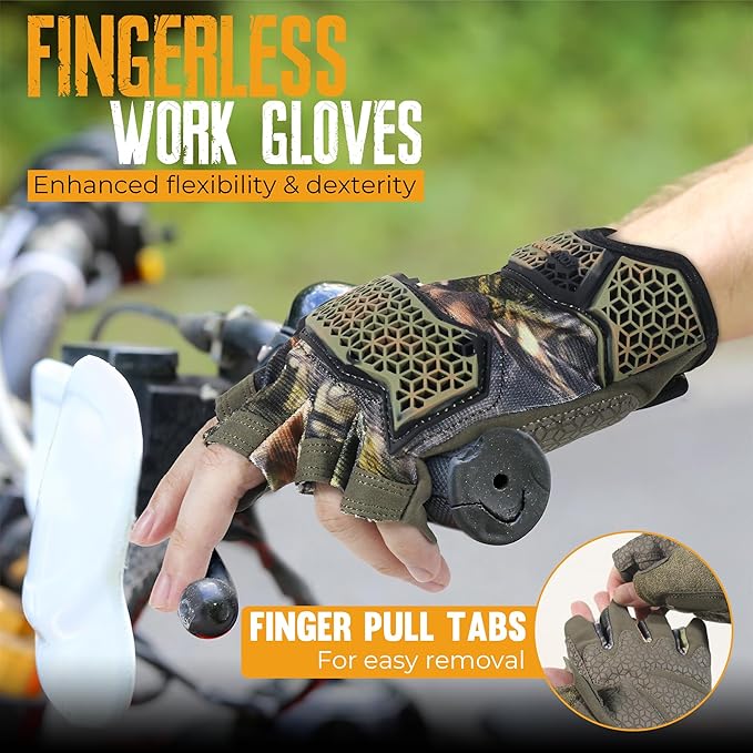 HANDLANDY Fingerless Work Gloves for Men, Padded Impact Tactical Mechanics Gloves, Grip Utility Trucker Driver Gloves (Camo- impact, X-Large (Pack of 1))