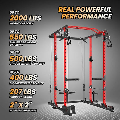 GaveeLife Power Cage, 2000 LBS Power Rack with Cable Cross-Over System, Multi-Functional Strength Training Squat Rack with LAT Pull Down System, Home Gym Equipment with Training Attachment, Red