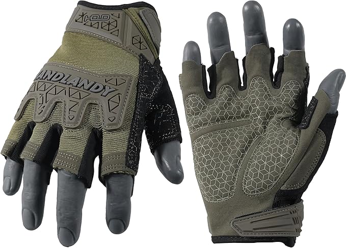 HANDLANDY Tactical Fingerless Impact Gloves for Men, Padded Grip Half Finger Work Gloves, Utility Trucker Driver Gloves (Army Green, Small (Pack of 1))